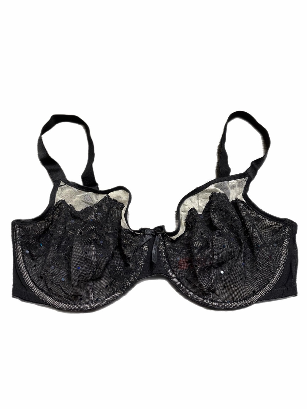90s European Vintage Triumph Lace Mesh Unlined Bra w Sequins (Black/Cream) 36D